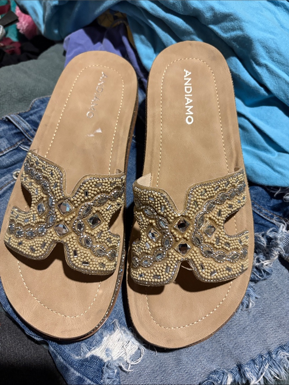 Andiamo Women's Beaded Taupe Slide Sandals Sz 7. Never worn